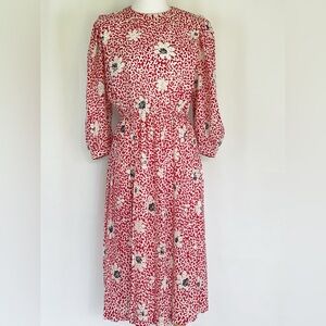VTG Leslie Fay Red and White Abstract Floral Long Sleeve Pleated Dress